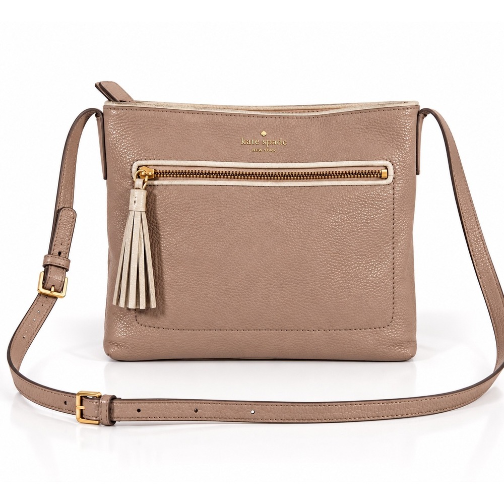 Kate Spade New York Taupe Pebbled Leather Crossbody Bag Tassel Zip Pocket